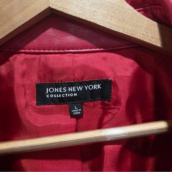Red Leather Blazer Jacket Jones New York Collection One Snap Closure Collar Sz L - Picture 5 of 12